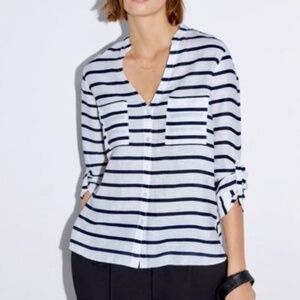 ZARA Striped Linen Tunic Roll Tab Sleeves Navy White Blouse Size S